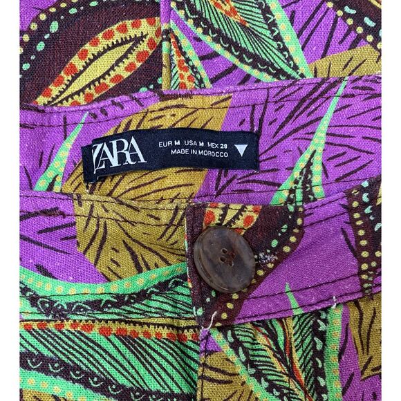 ZARA Purple Multicolor Tropical Printed Linen Hi Rise Ankle Pants Sz MEDIUM - Picture 6 of 6